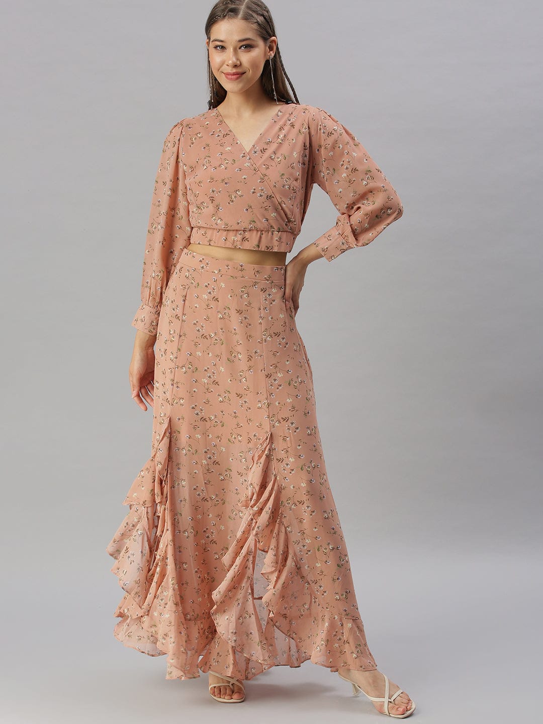 Women's V-Neck Printed Nude Co-Ords Set
