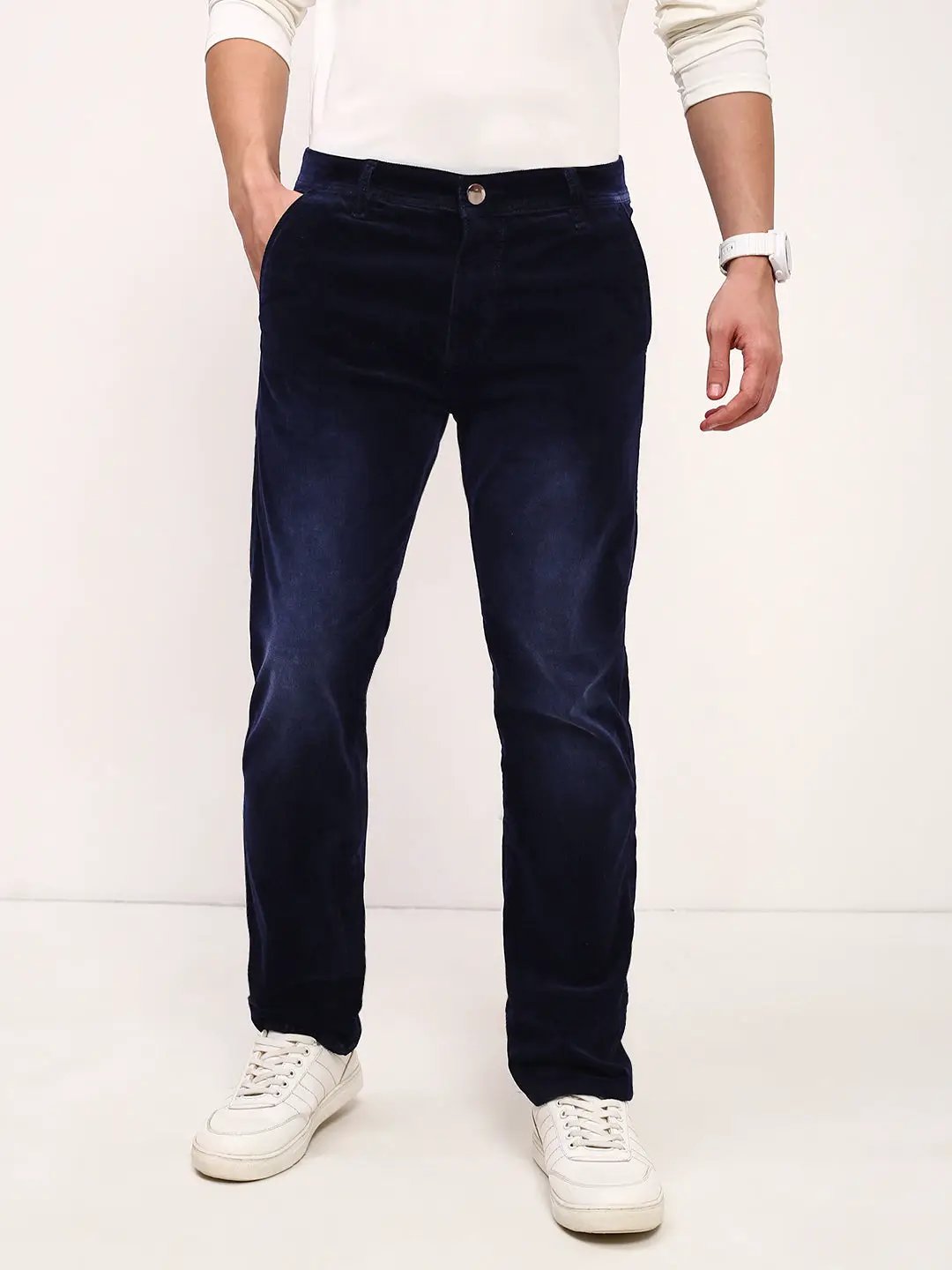 Men's Navy Blue Comfort Straight Fit Low-Rise Light Fade Acid Wash Stretchable Jeans