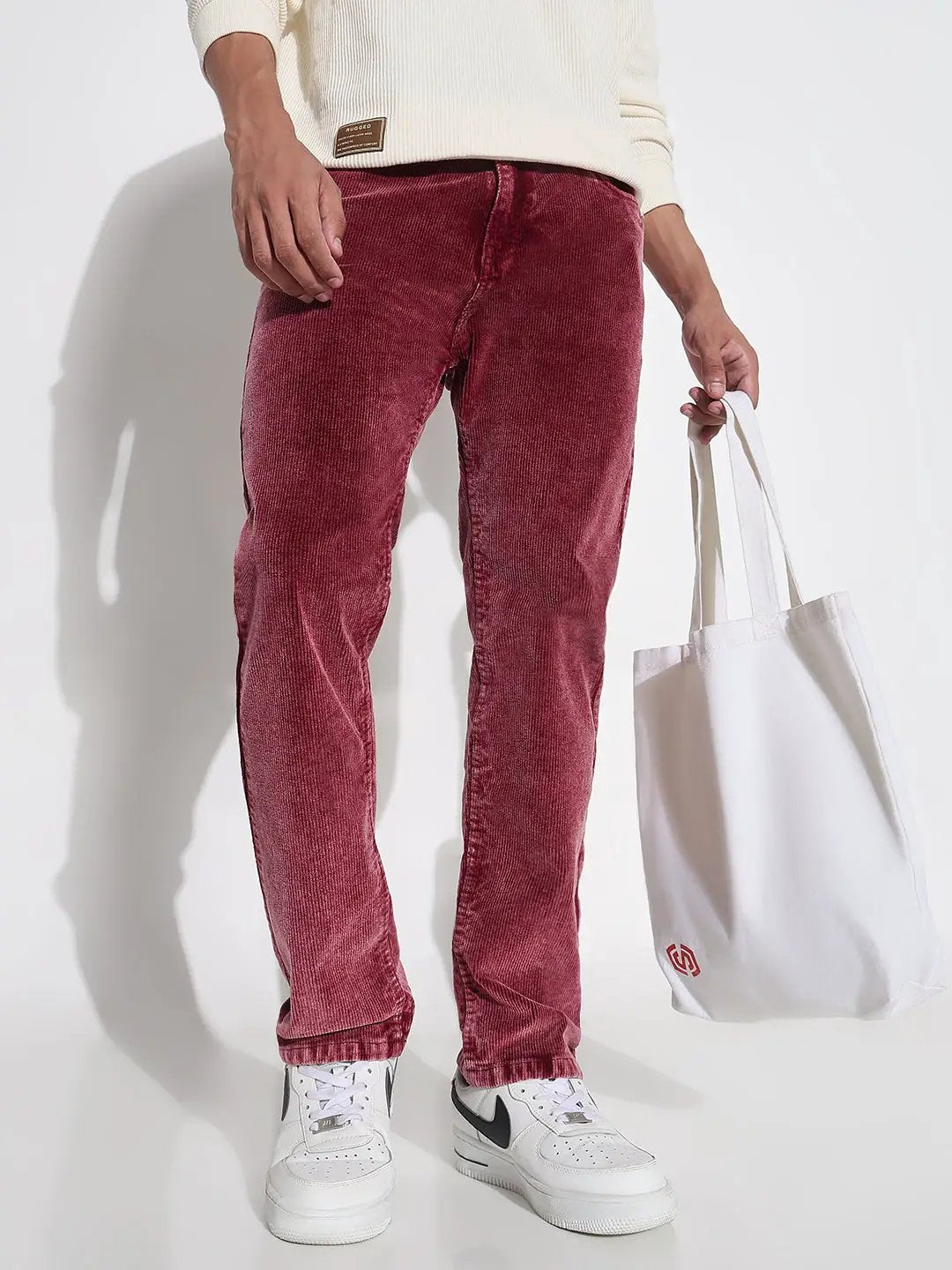 Men's Maroon Slim Fit Corduroy Jeans