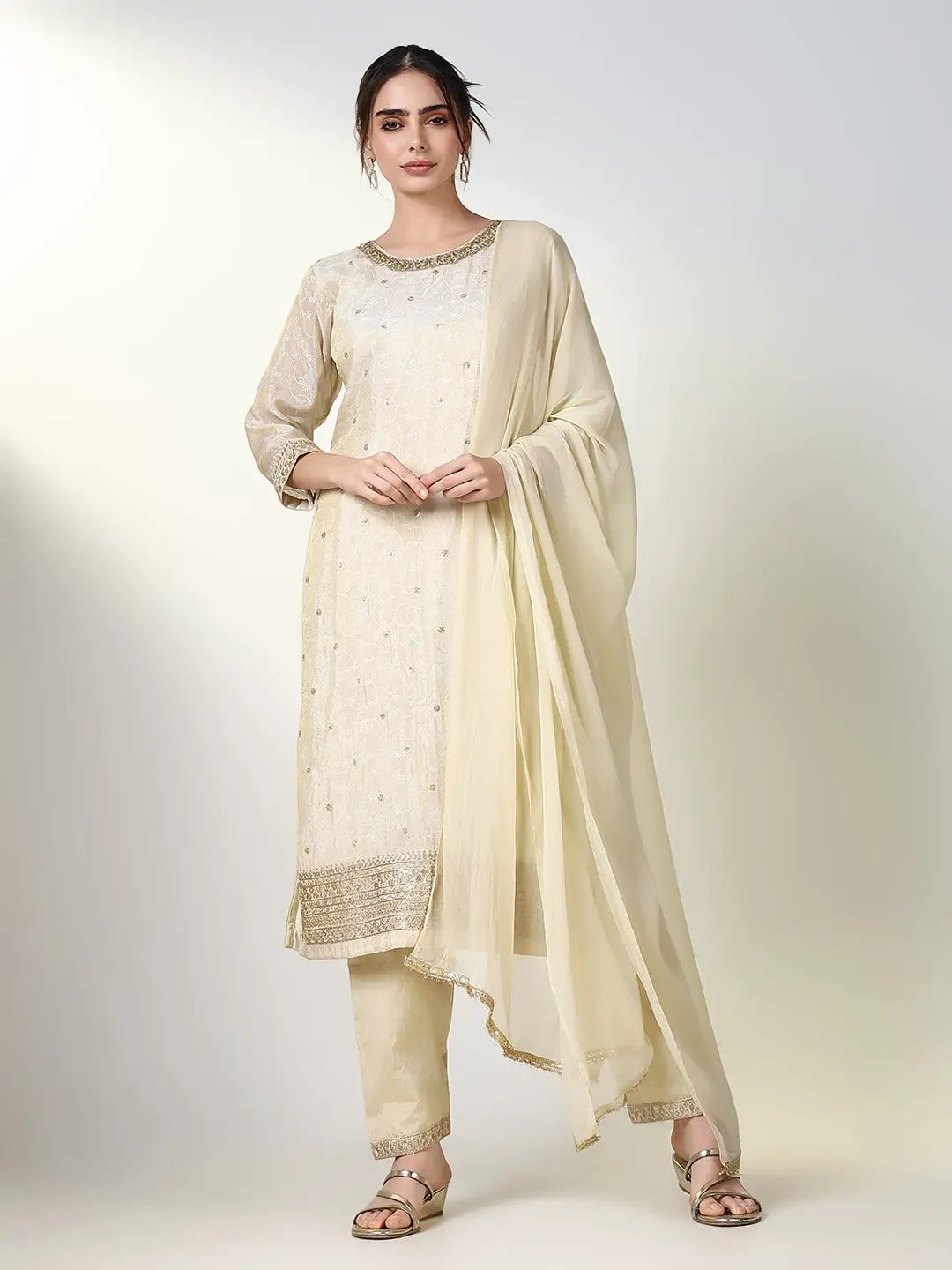 Women's Floral Prints Cream Straight Kurta Set with Dupatta