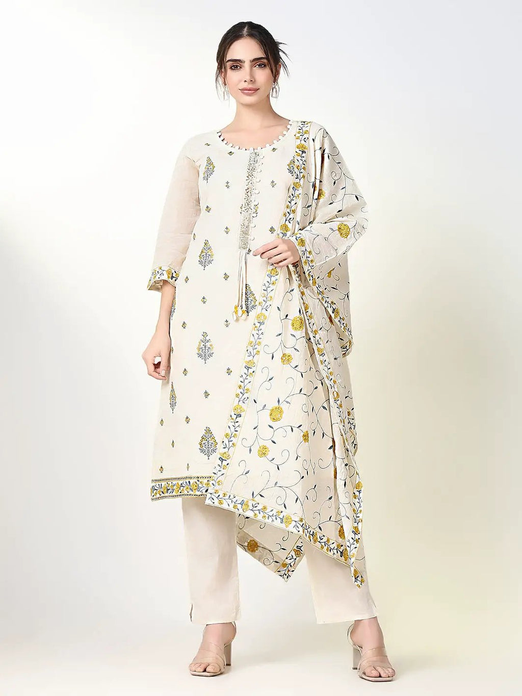 Women's Printed Floral Off White Straight Kurta Set with Dupatta