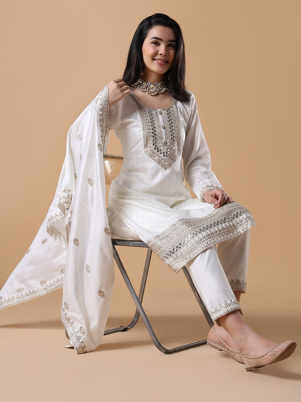 Women's Solid Straight Zari White Kurta Set with Dupatta