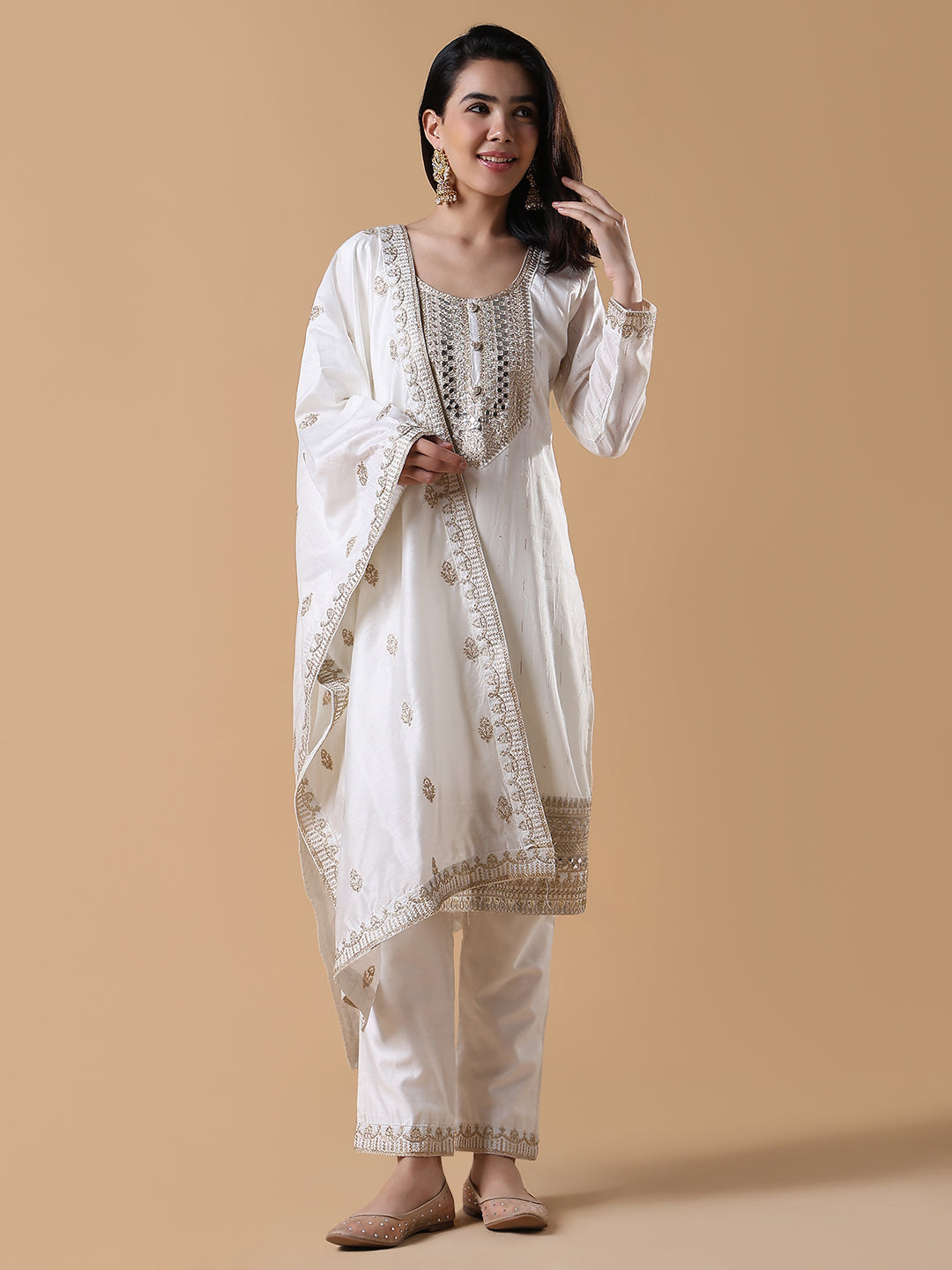 Women's Solid Straight Zari White Kurta Set with Dupatta