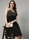 Women's Olive Embellished Shoulder Straps Fit & Flare Dress