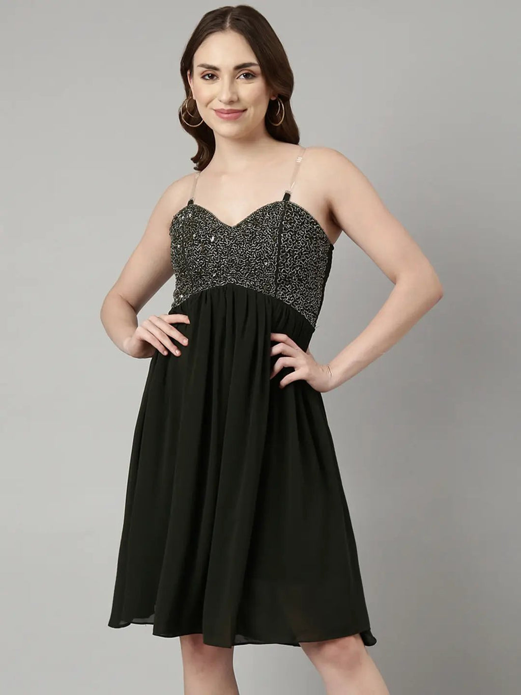 Women's Olive Embellished Shoulder Straps Fit & Flare Dress