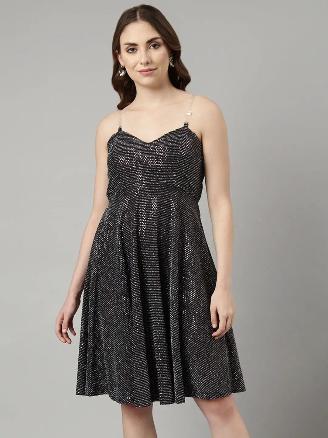 Women's Charcoal Embellished Shoulder Straps Fit and Flare Dress