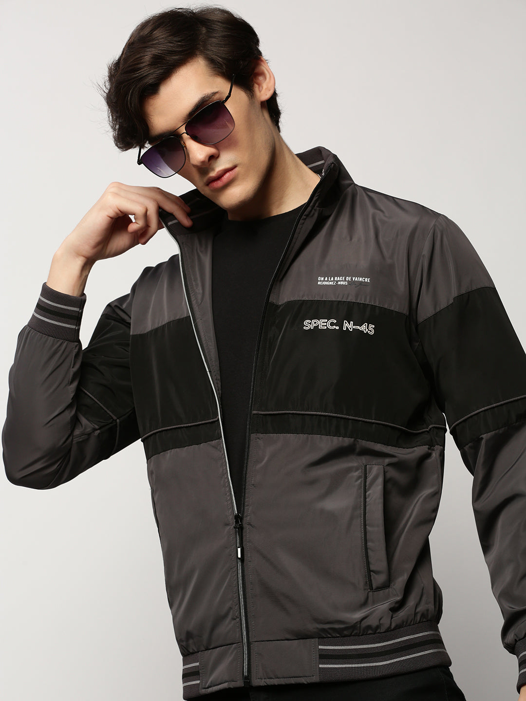 Men's Grey Colourblock Casual Bomber Jackets