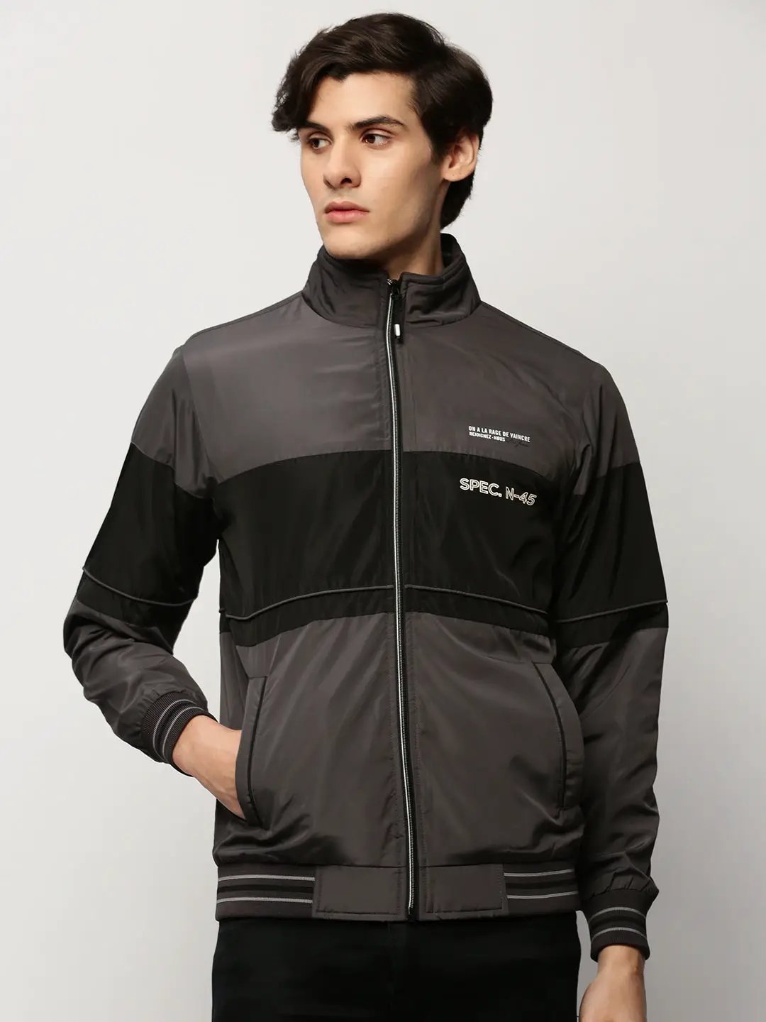 Men's Grey Colourblock Casual Bomber Jackets