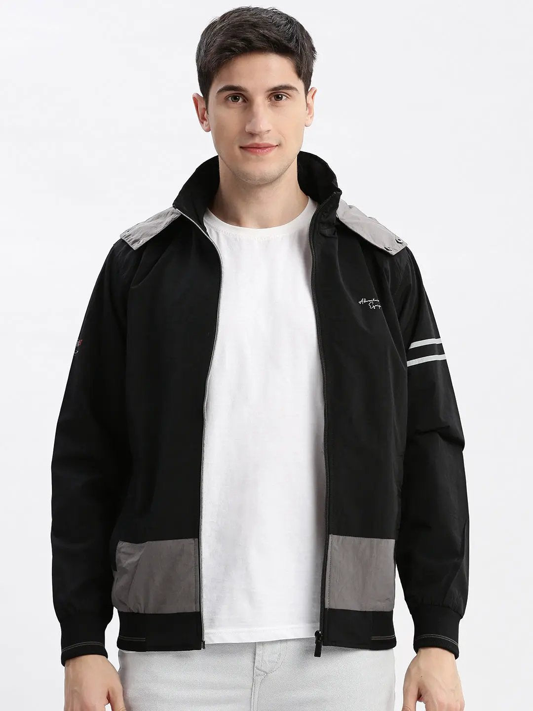Men's Colourblocked Mock Collar Black Bomber Jacket Comes with Detachable Hoodie
