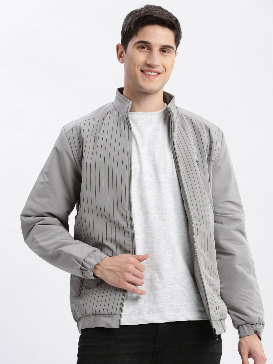 Men's Grey Striped Mock Collar Rapid-Dry Windcheater Bomber Jacket