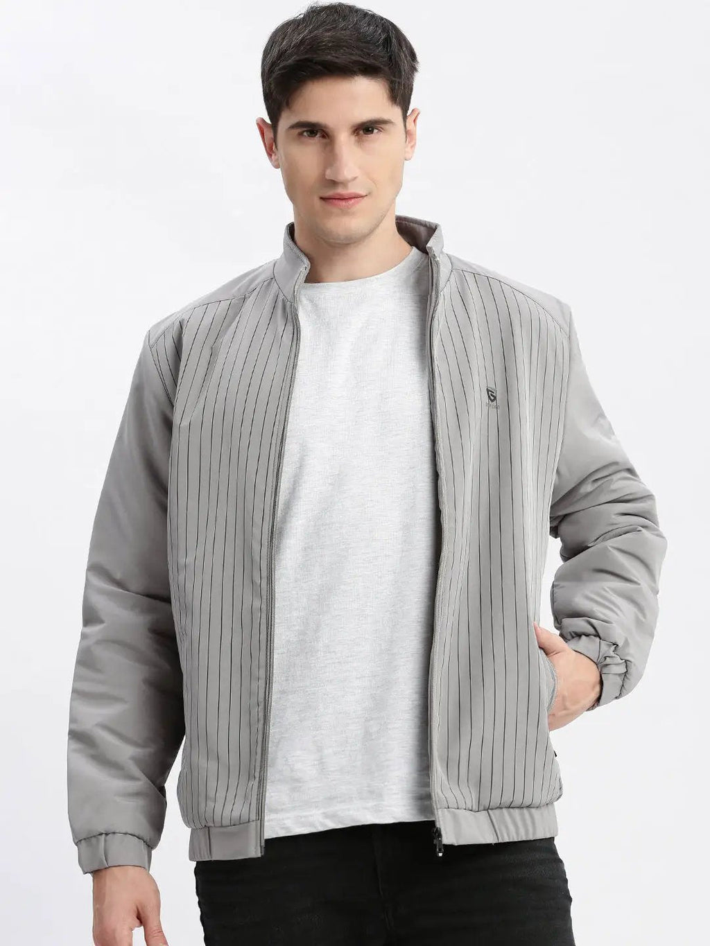Men's Grey Striped Mock Collar Rapid-Dry Windcheater Bomber Jacket