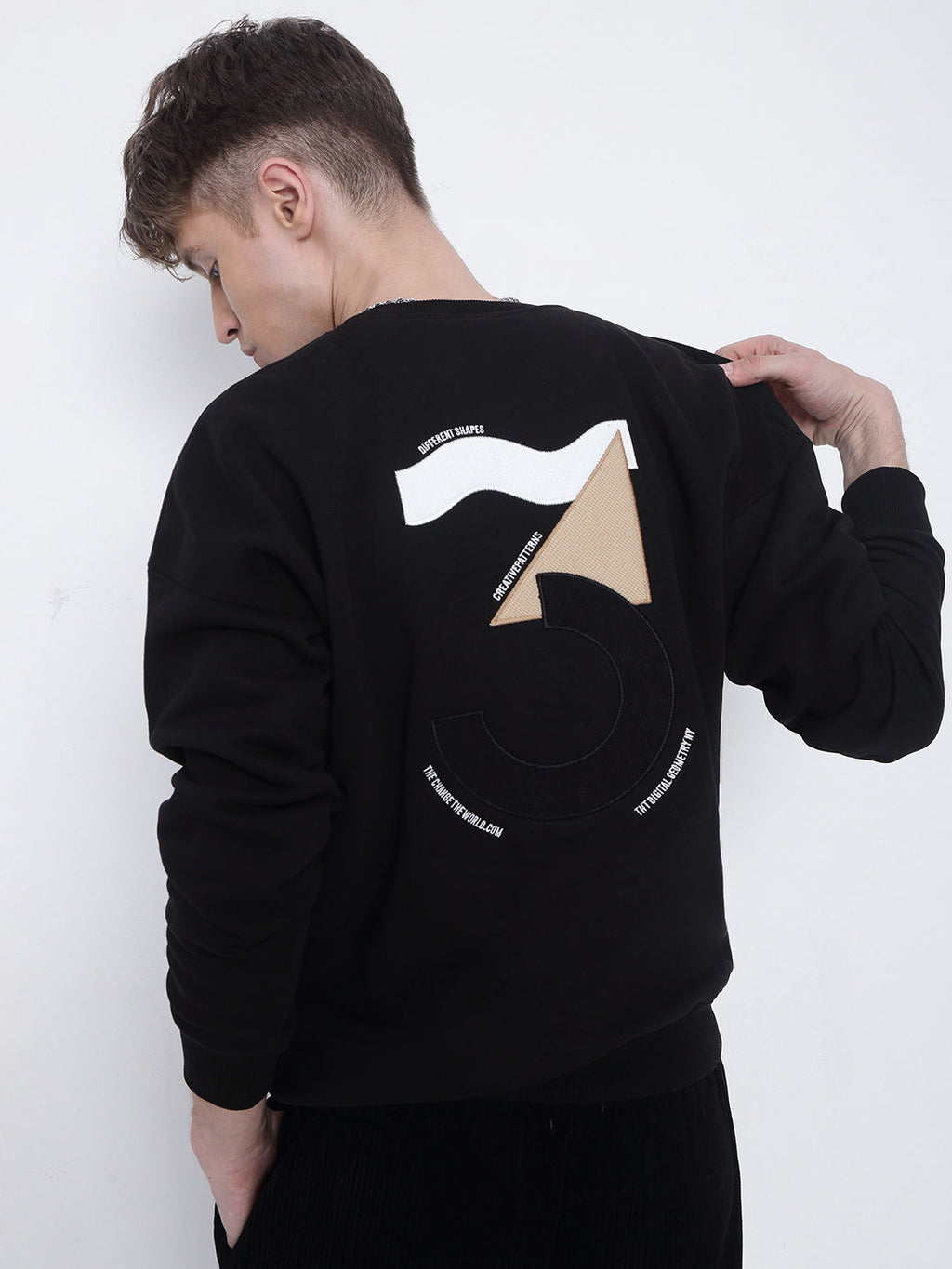 Men's Black Embroidered Round Neck Sweatshirt