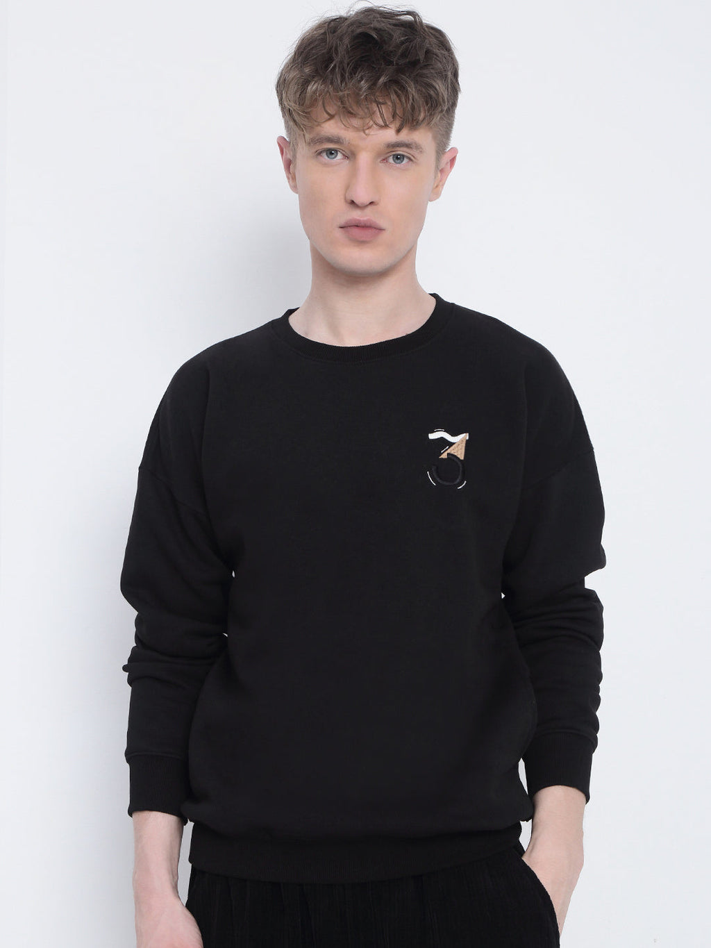 Men's Black Embroidered Round Neck Sweatshirt