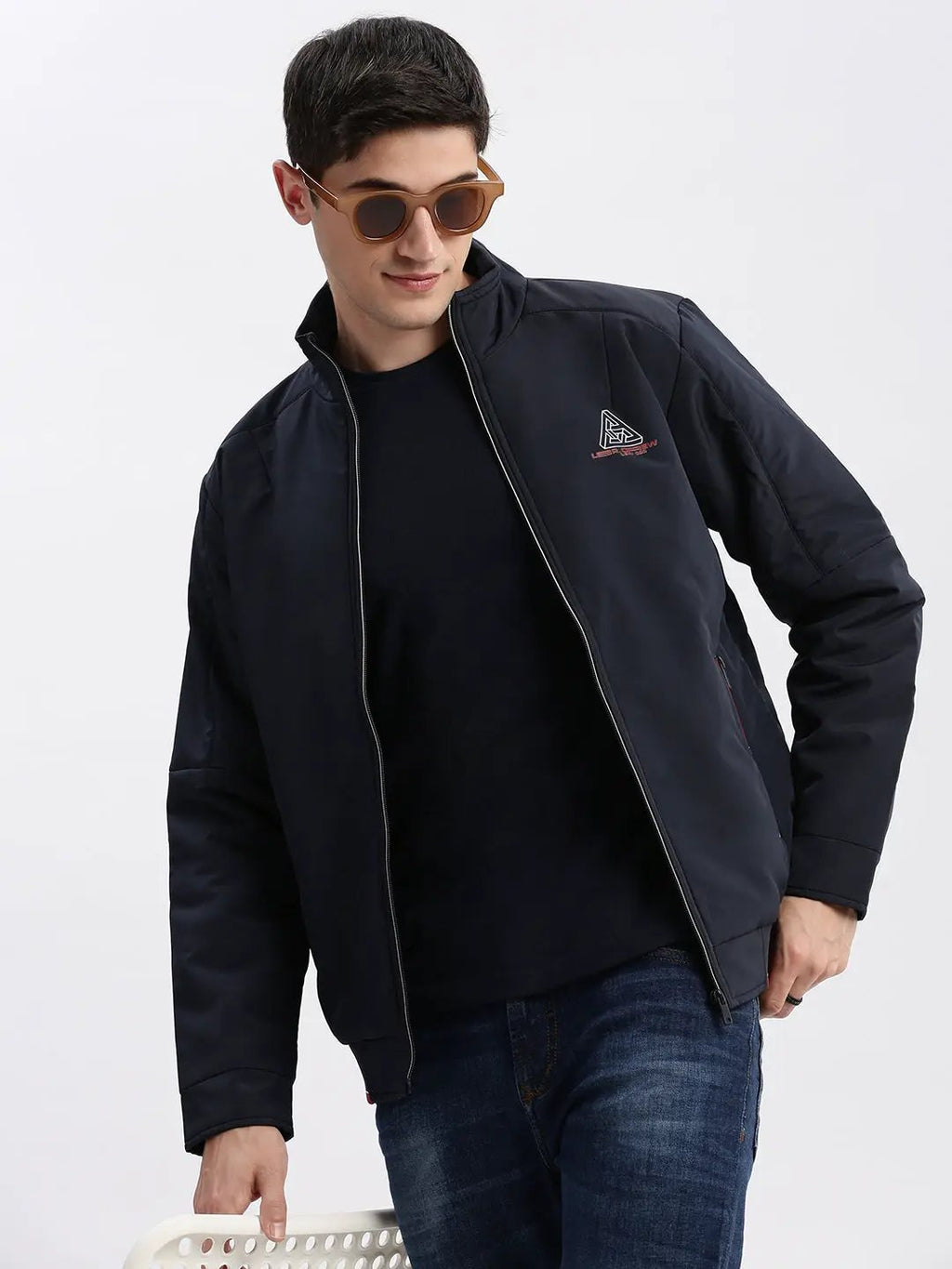 Men's Navy Blue Mock Collar Long Sleeves Zip Detail Rapid-Dry Windcheater Bomber Jacket