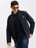 Men's Navy Blue Mock Collar Long Sleeves Zip Detail Rapid-Dry Windcheater Bomber Jacket