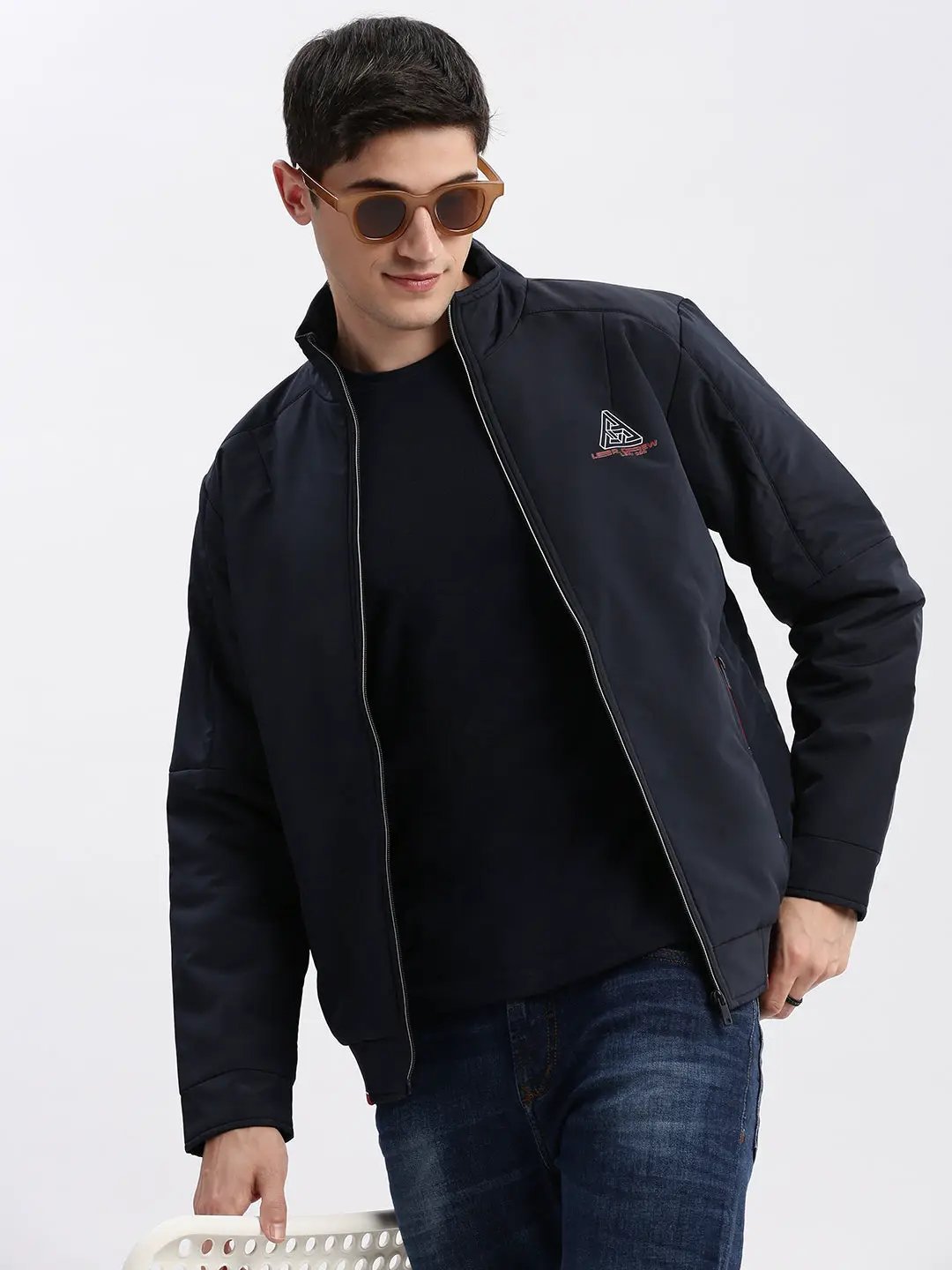 Men's Navy Blue Mock Collar Long Sleeves Zip Detail Rapid-Dry Windcheater Bomber Jacket