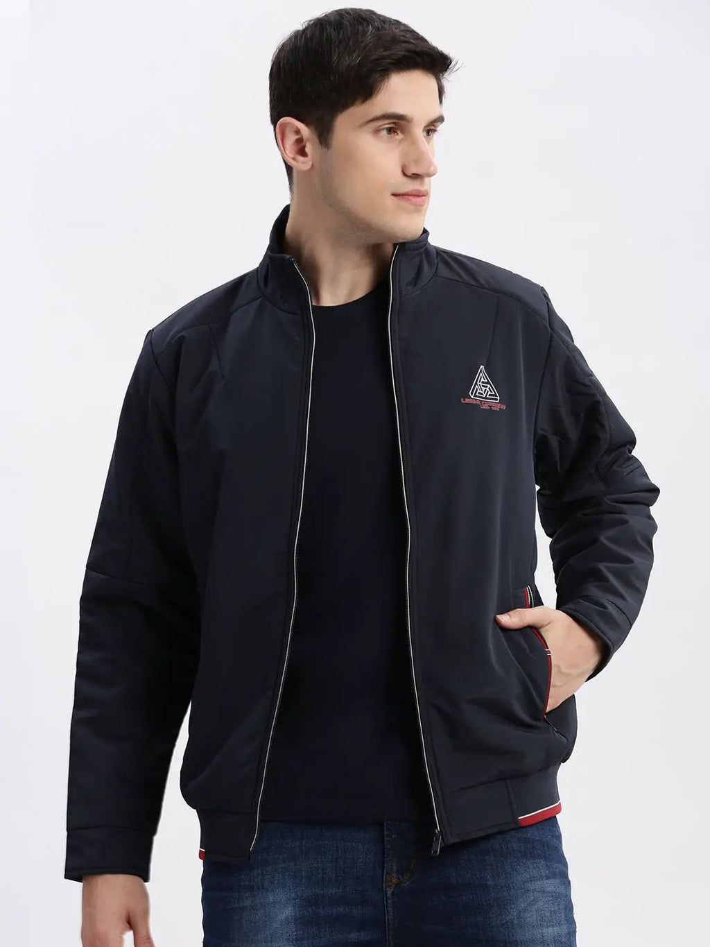 Men's Navy Blue Mock Collar Long Sleeves Zip Detail Rapid-Dry Windcheater Bomber Jacket