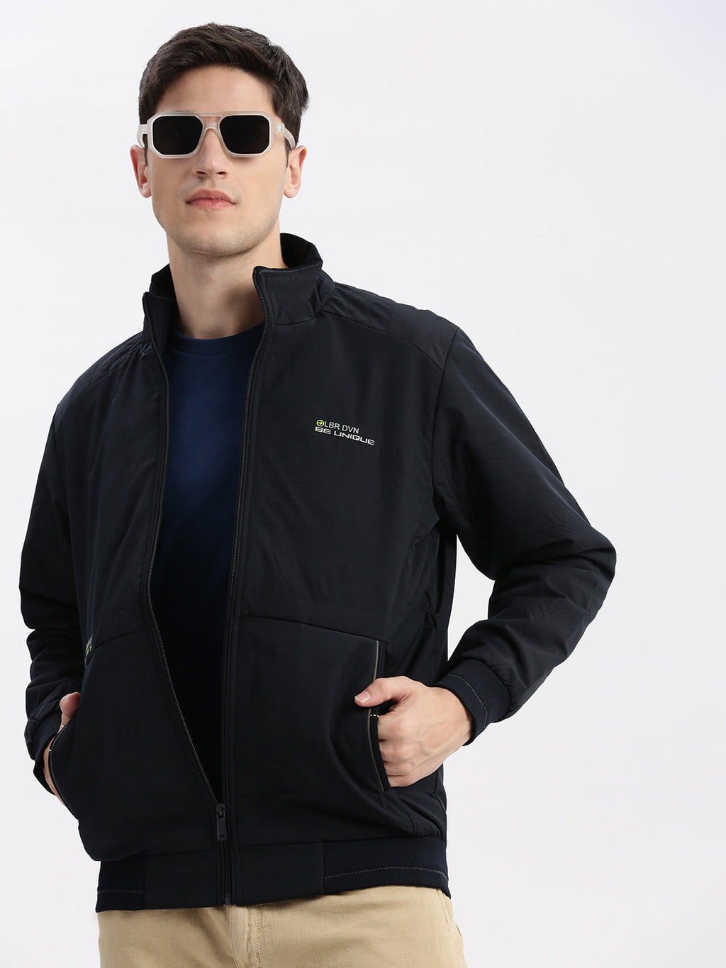 Men's Mock Collar Navy Blue Bomber Jacket