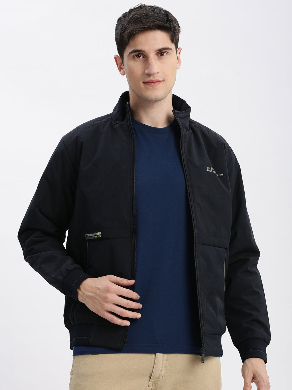 Men's Mock Collar Navy Blue Bomber Jacket