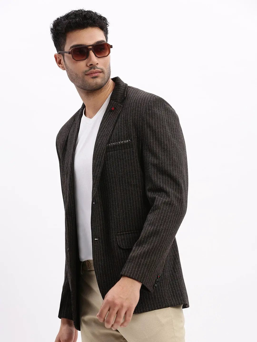 Men's Charcoal Striped Slim-Fit Single Breasted Notched Lapel Collar Cotton Casual Blazer