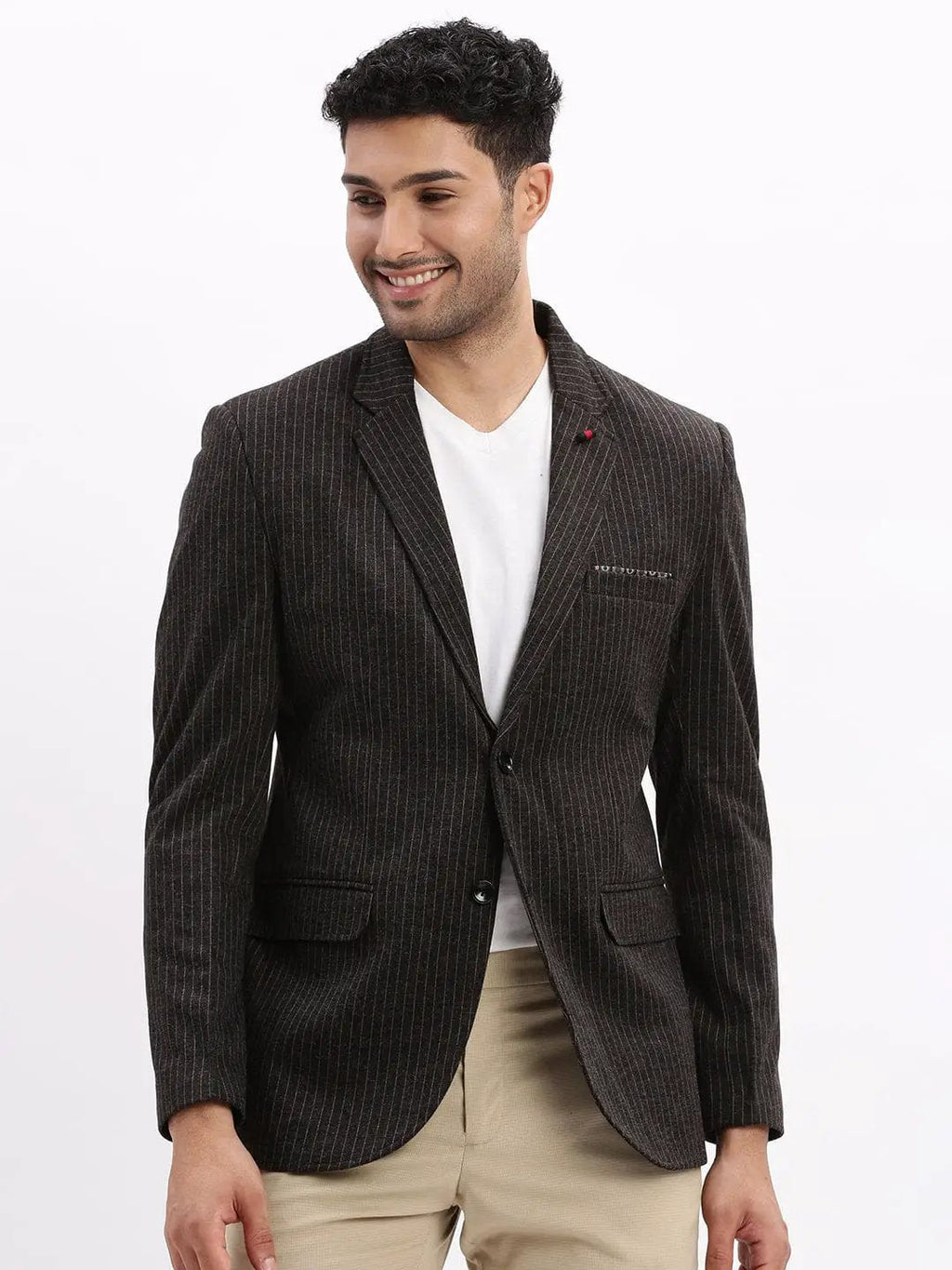 Men's Charcoal Striped Slim-Fit Single Breasted Notched Lapel Collar Cotton Casual Blazer