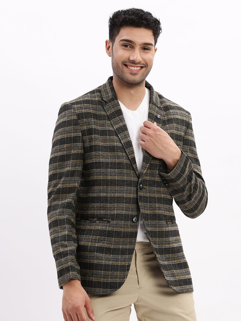 Men's Checked Black Single Breasted Blazer