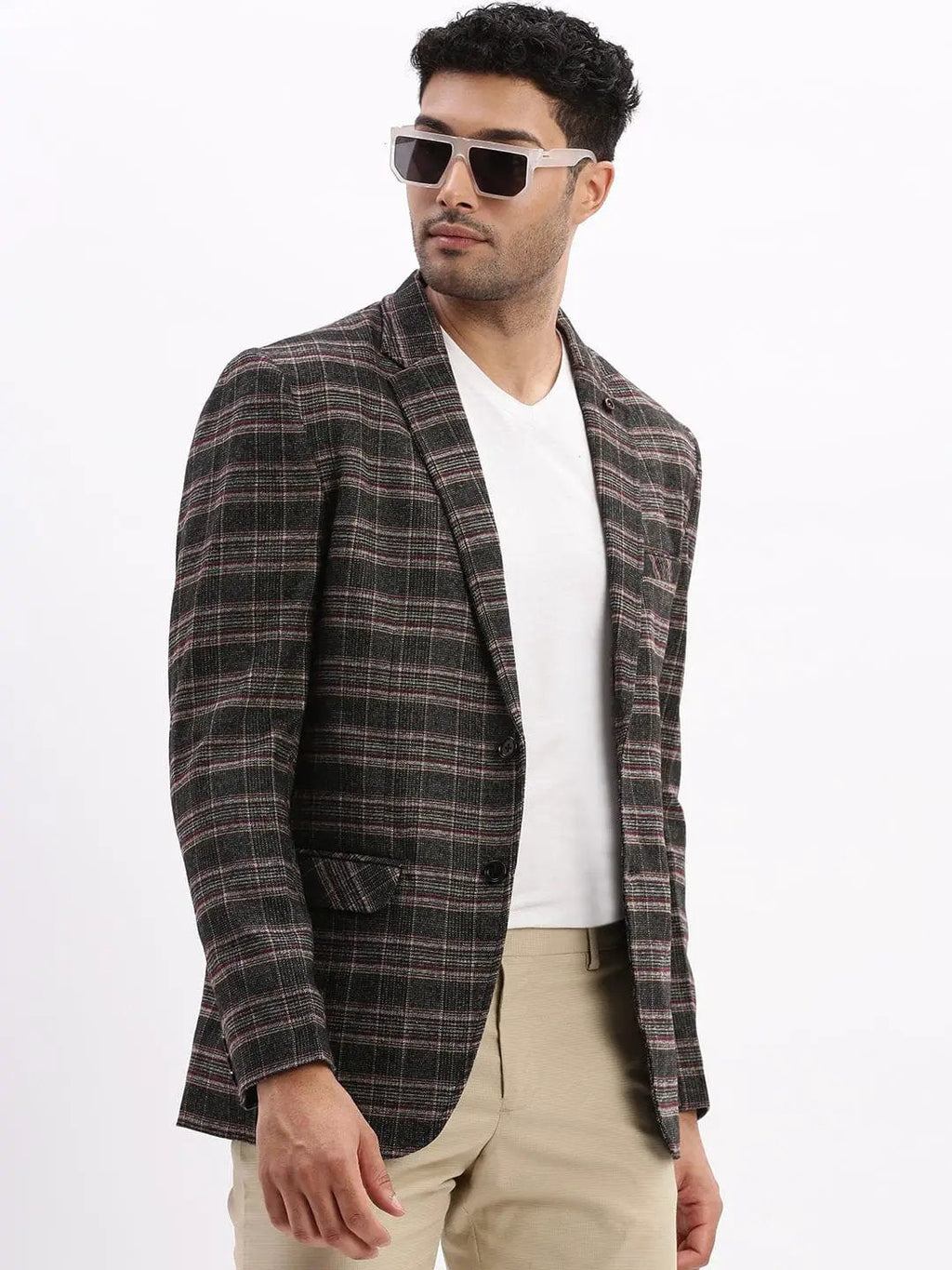 Men's Checked Grey Single Breasted Casual Blazer