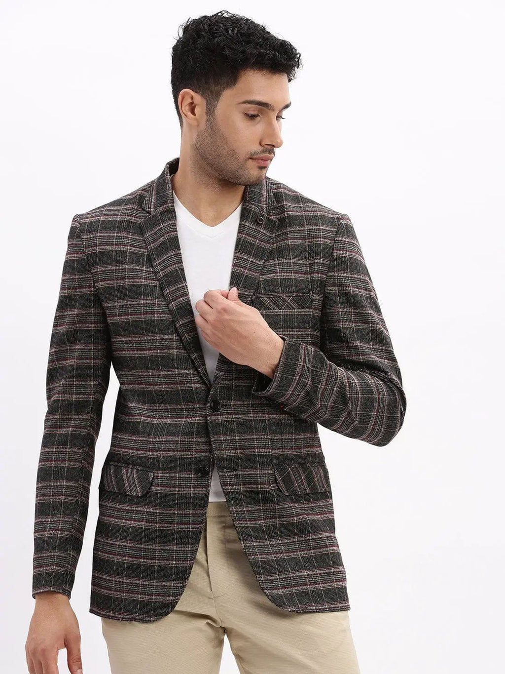 Men's Checked Grey Single Breasted Casual Blazer