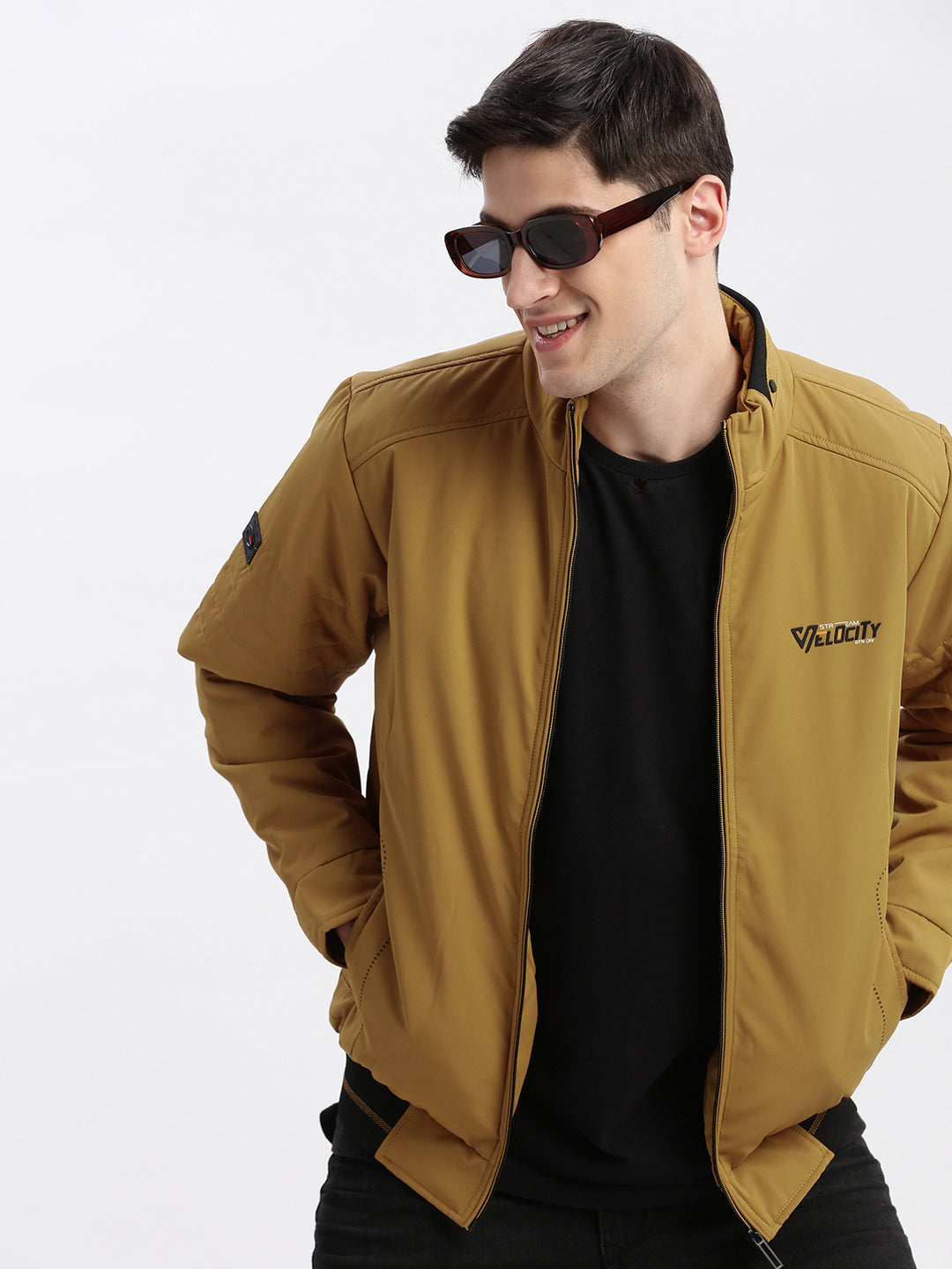 Men's Mustard Stand Collar Rapid-Dry Technology Windcheater Bomber Jacket