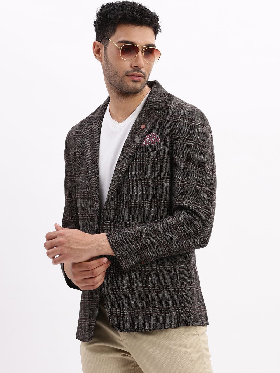 Men's Checked Brown Single Breasted Blazer
