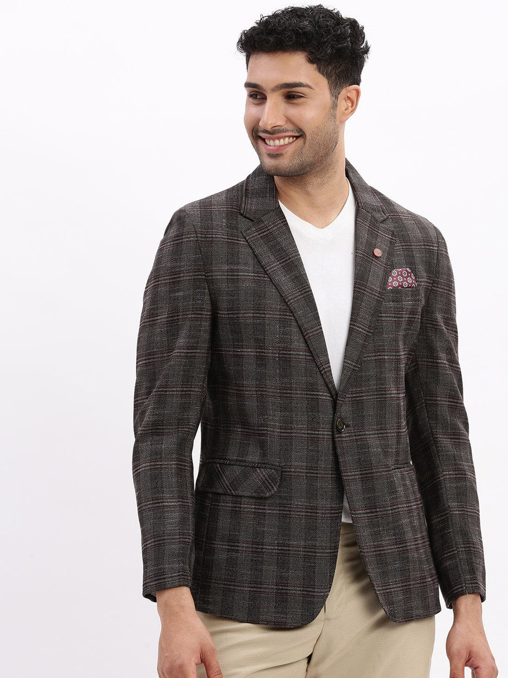 Men's Checked Brown Single Breasted Blazer