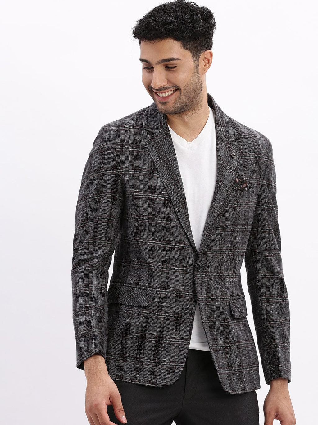 Men's Checked Charcoal Single Breasted Blazer