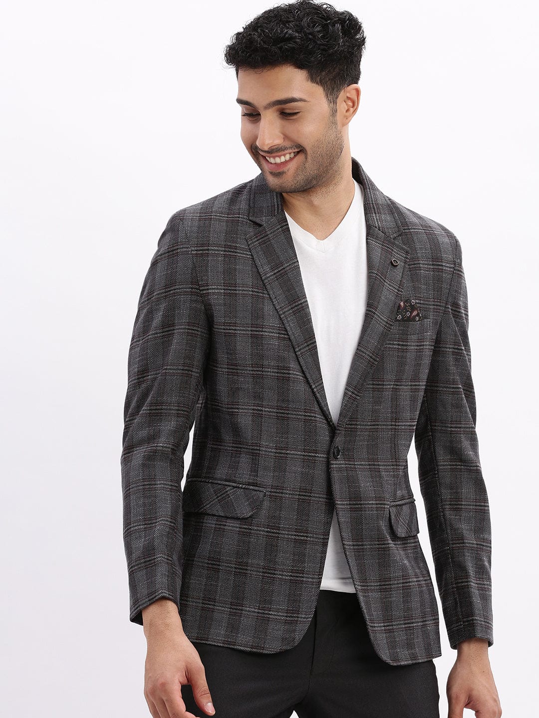 Men's Checked Charcoal Single Breasted Blazer