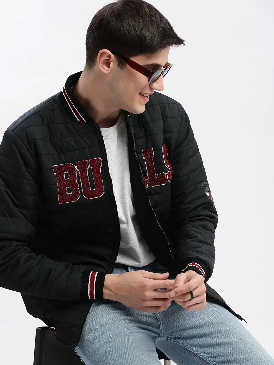 Men's Black Typography Embroidered Windcheater Bomber Jacket