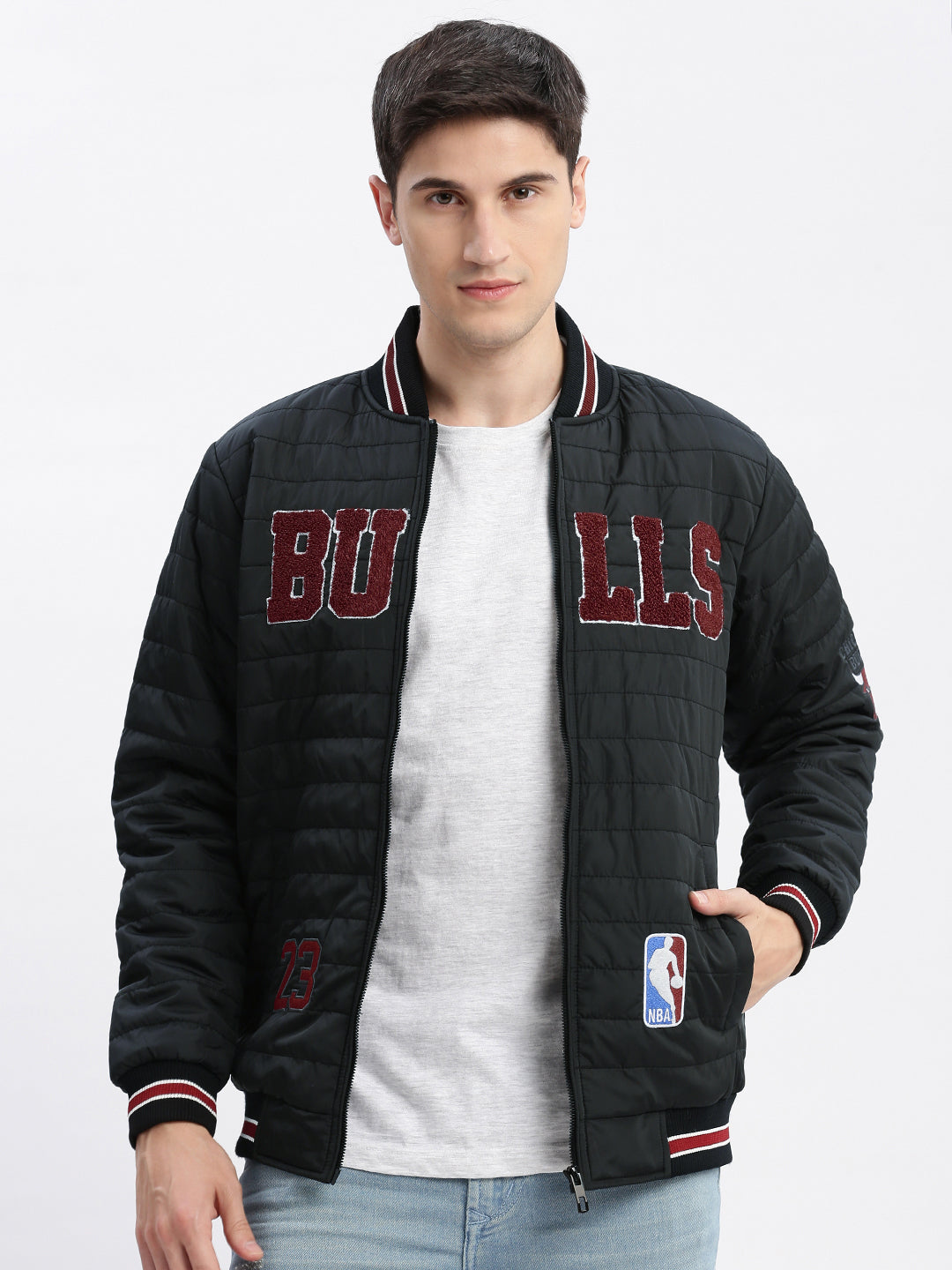 Men's Black Typography Embroidered Windcheater Bomber Jacket