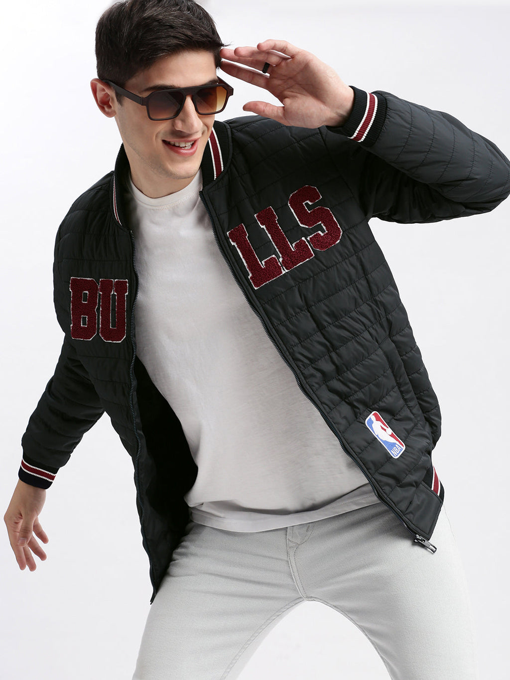 Men's Navy Blue Typography Embroidered Windcheater Bomber Jacket