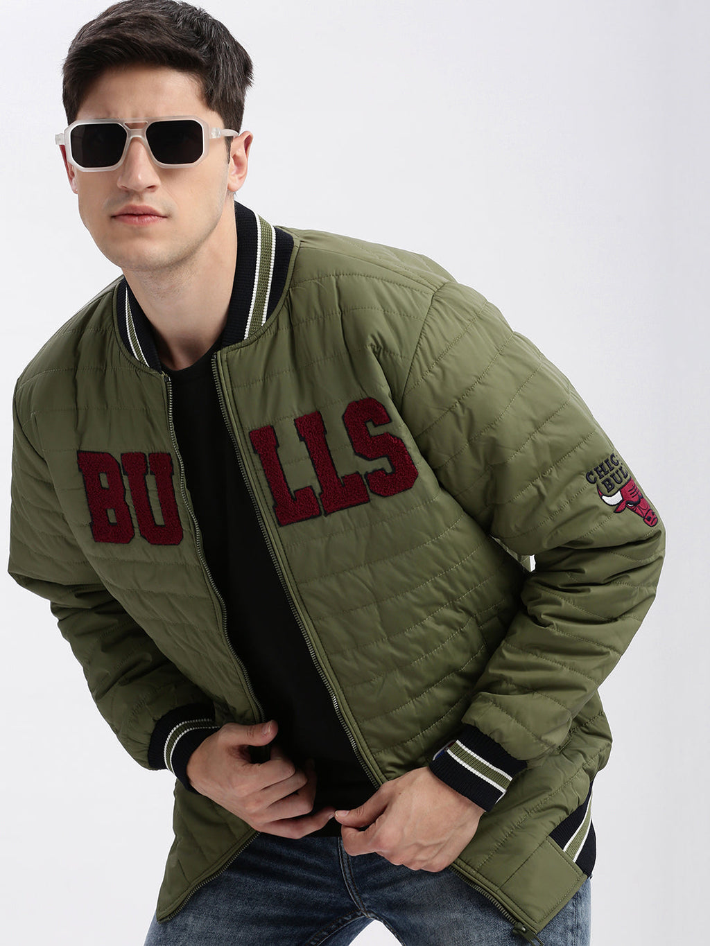 Men's Olive Typography Printed Stand Collar Windcheater Rapid Dry Puffer Jacket