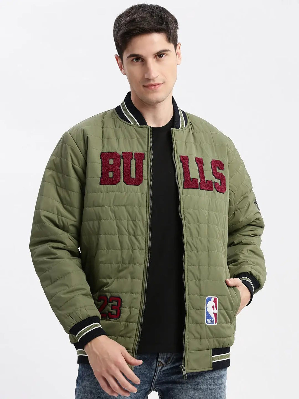 Men's Olive Typography Printed Stand Collar Windcheater Rapid Dry Puffer Jacket