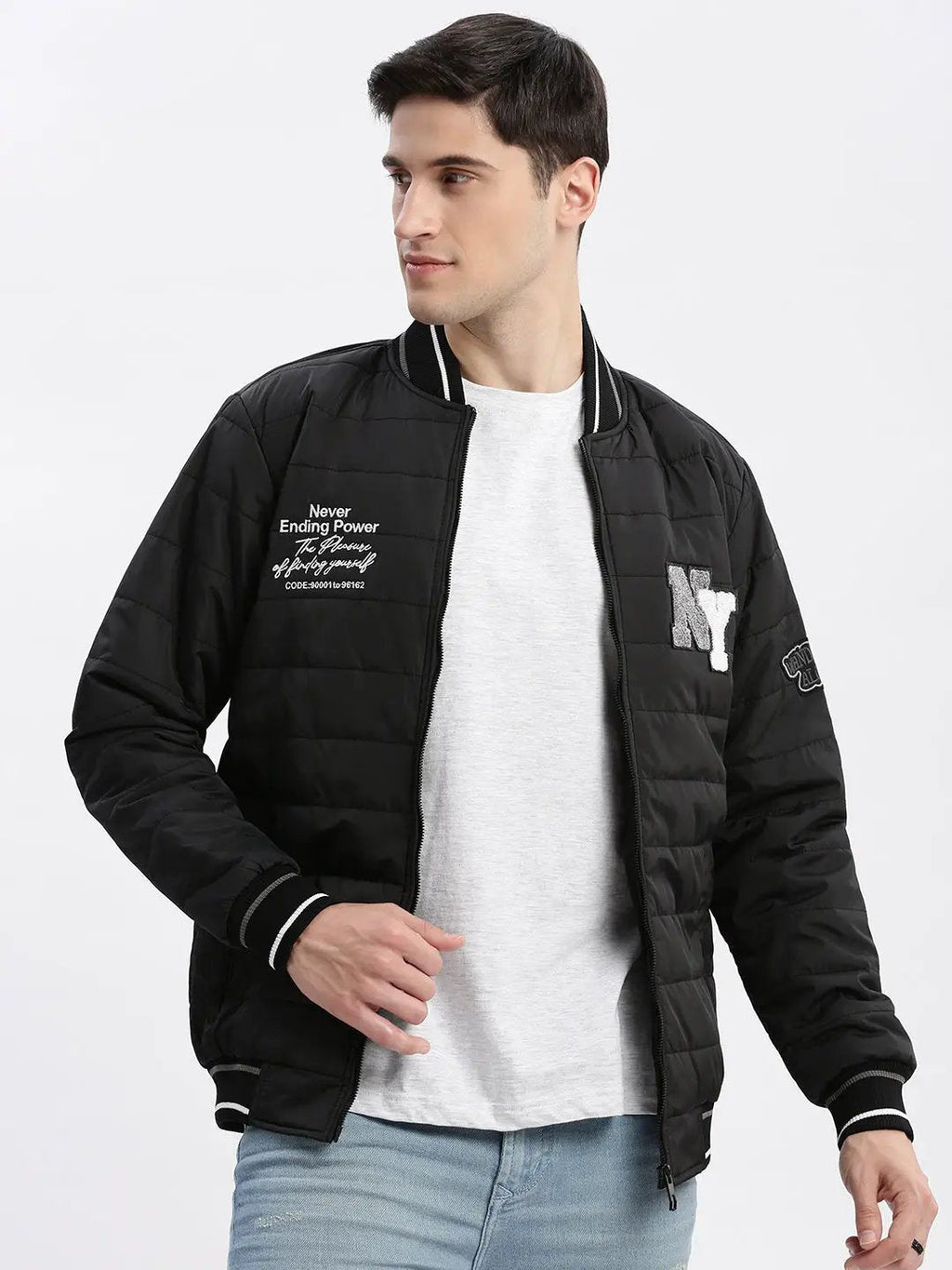 Men's Black Typography Printed Mandarin Collar Windcheater Rapid-Dry Slim fit Padded Jacket