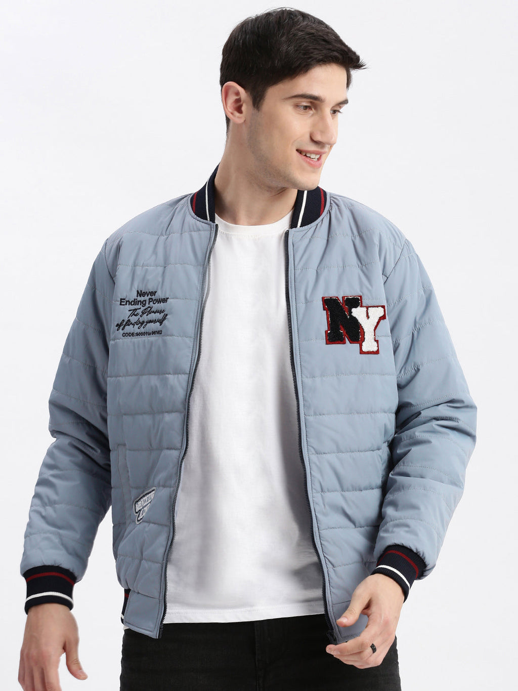 Men's Grey Mandarin Collar Long Sleeves Zip Detail Rapid-Dry Windcheater Puffer Jacket
