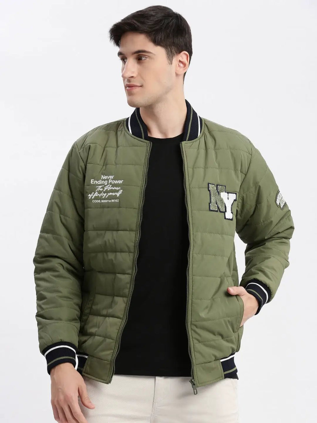 Men's Olive Windcheater Rapid-Dry Mock Collar Puffer Jacket