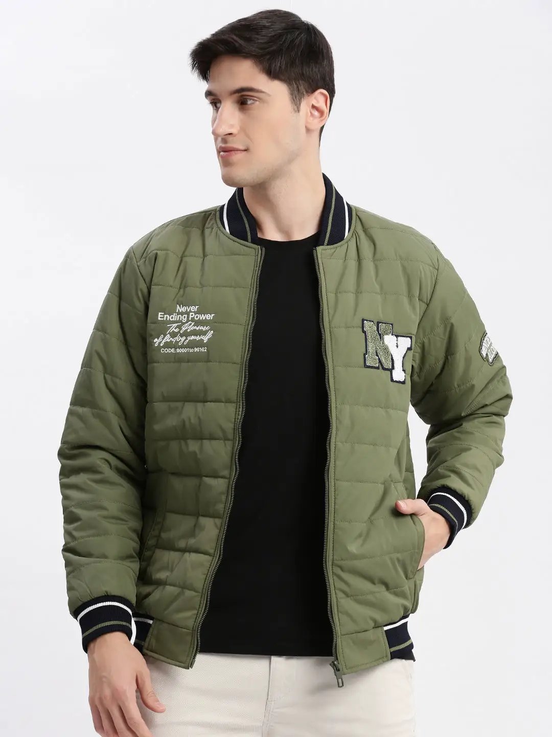 Men's Olive Windcheater Rapid-Dry Mock Collar Puffer Jacket