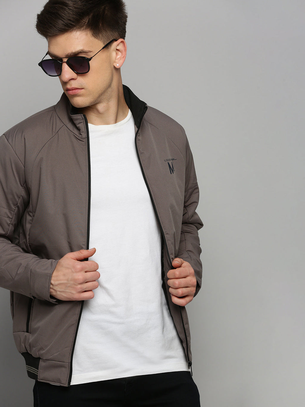 Men's Grey Mock Collar Water Resistant Bomber Jacket