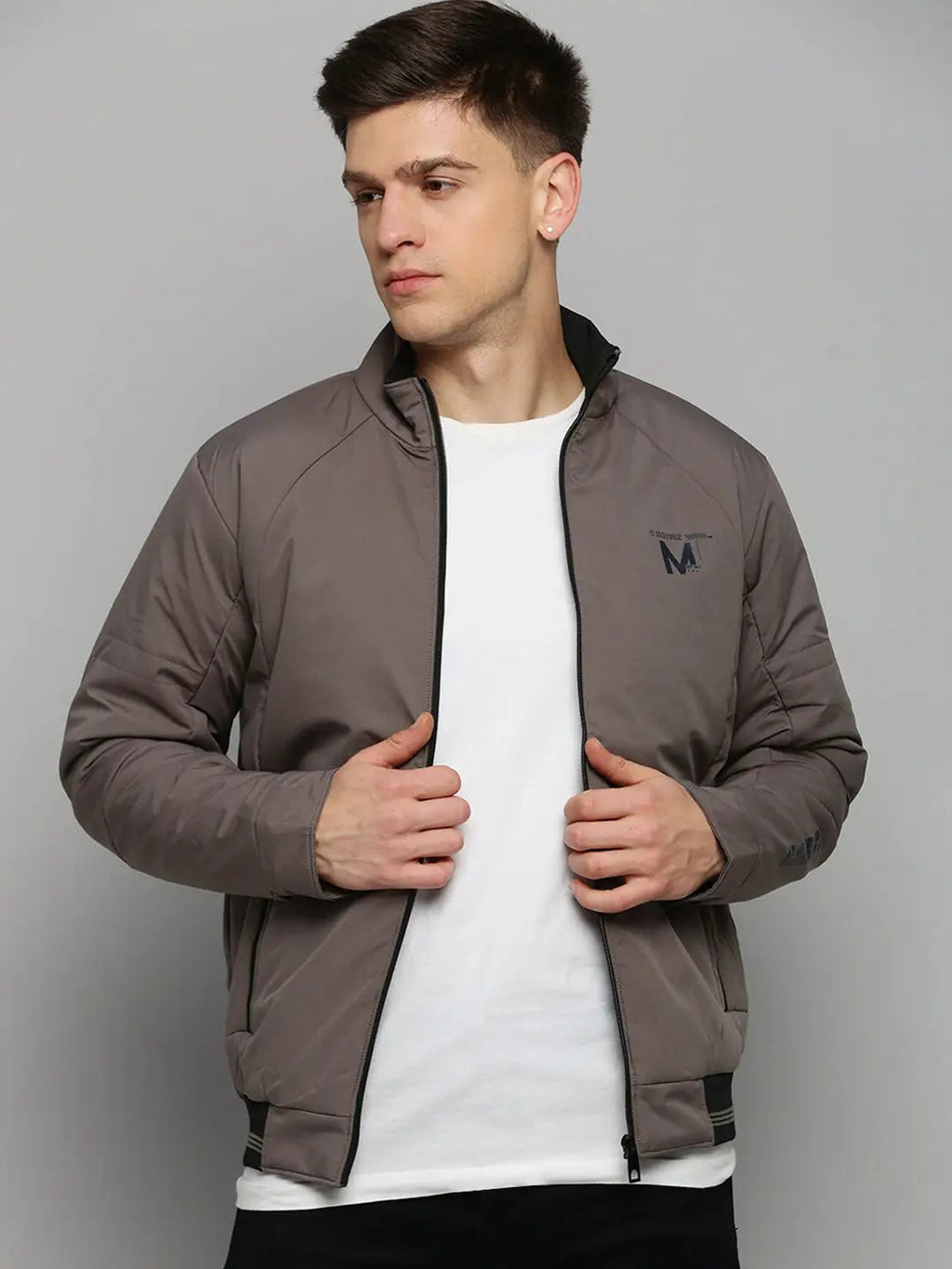 Men's Grey Mock Collar Water Resistant Bomber Jacket