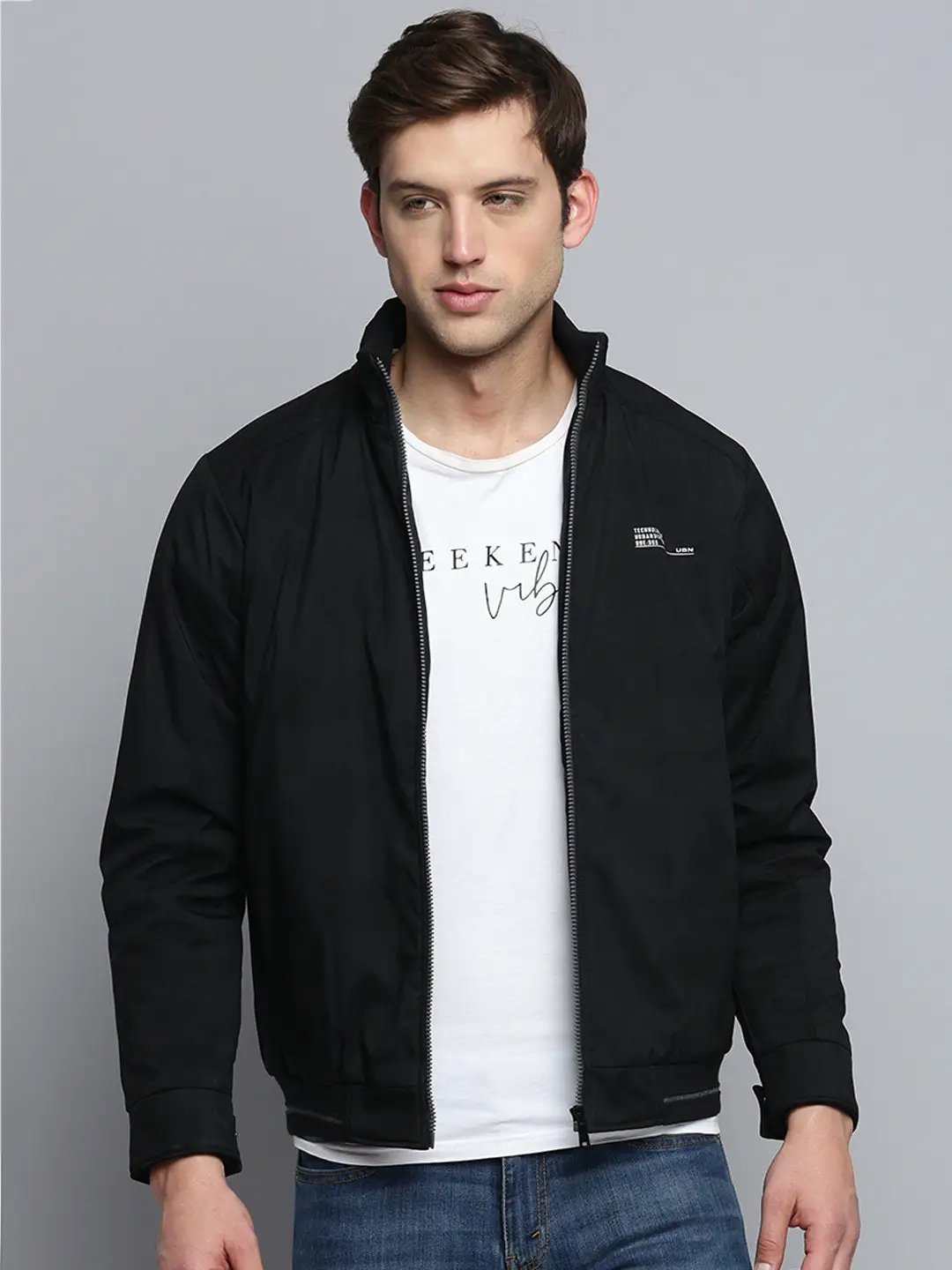 Men's Black Mock Collar Water Resistant Bomber Jacket