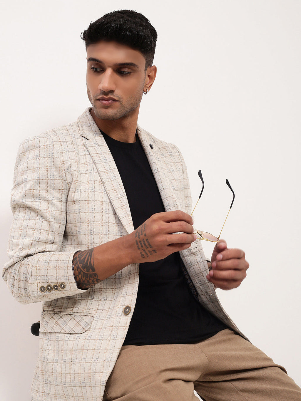 Men's Checked Cream Single-Breasted Slim Fit Blazer with Notched Lapel