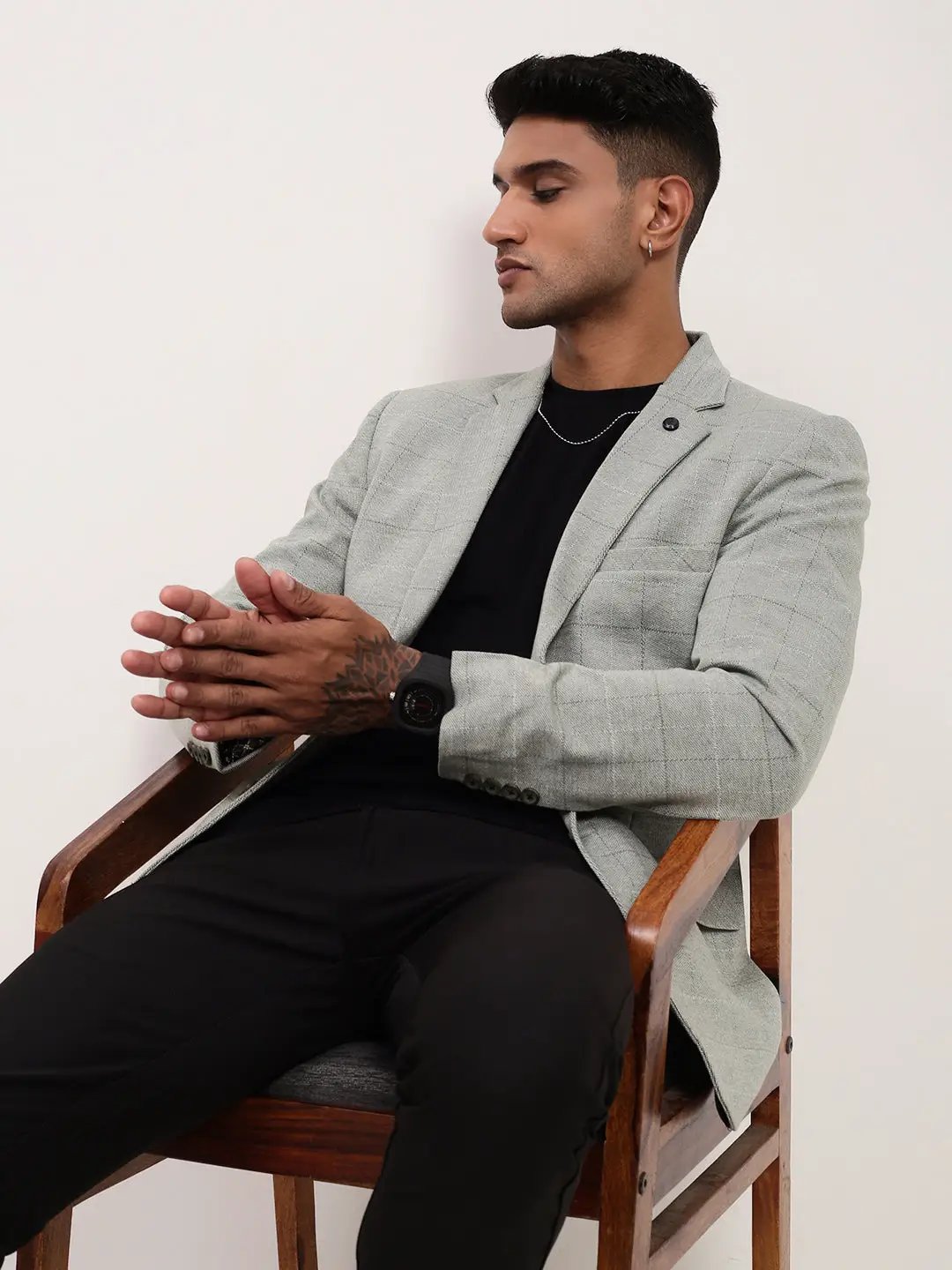 Men's Grey Checked Single Breasted Slim-Fit Blazer