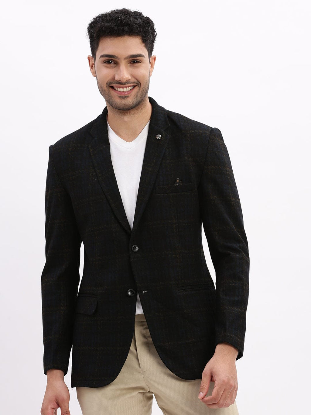 Men's Printed Navy Blue Single Breasted Blazer