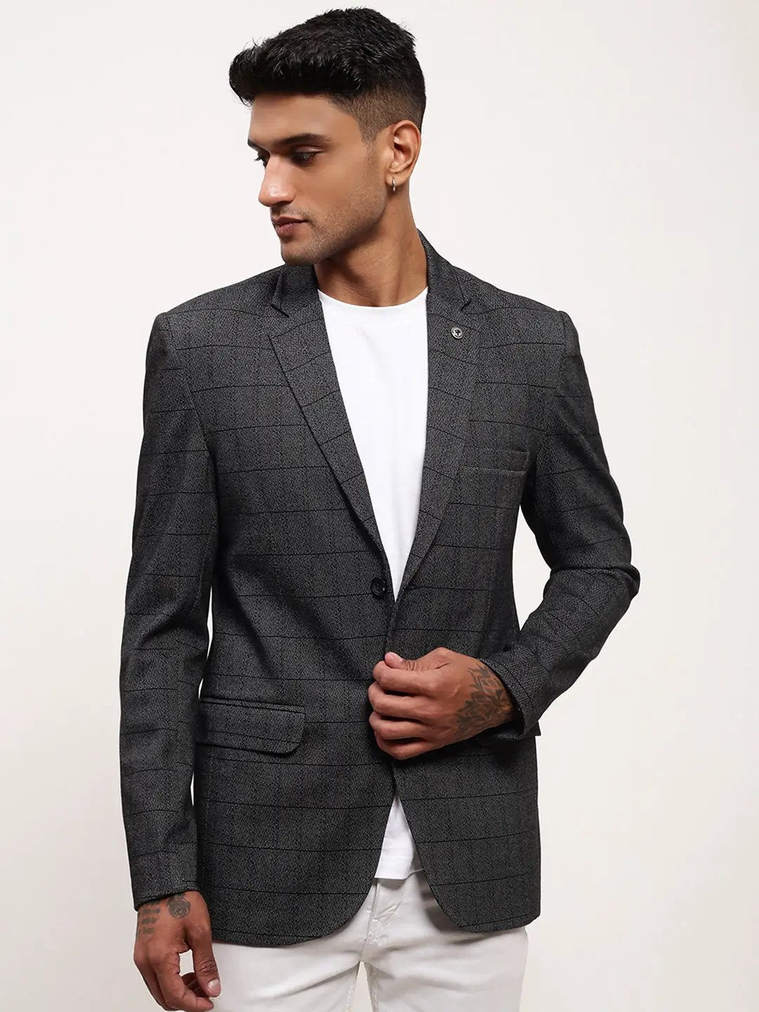 Men's Grey Checked Slim-Fit Notched Lapel Single Breasted Blazer