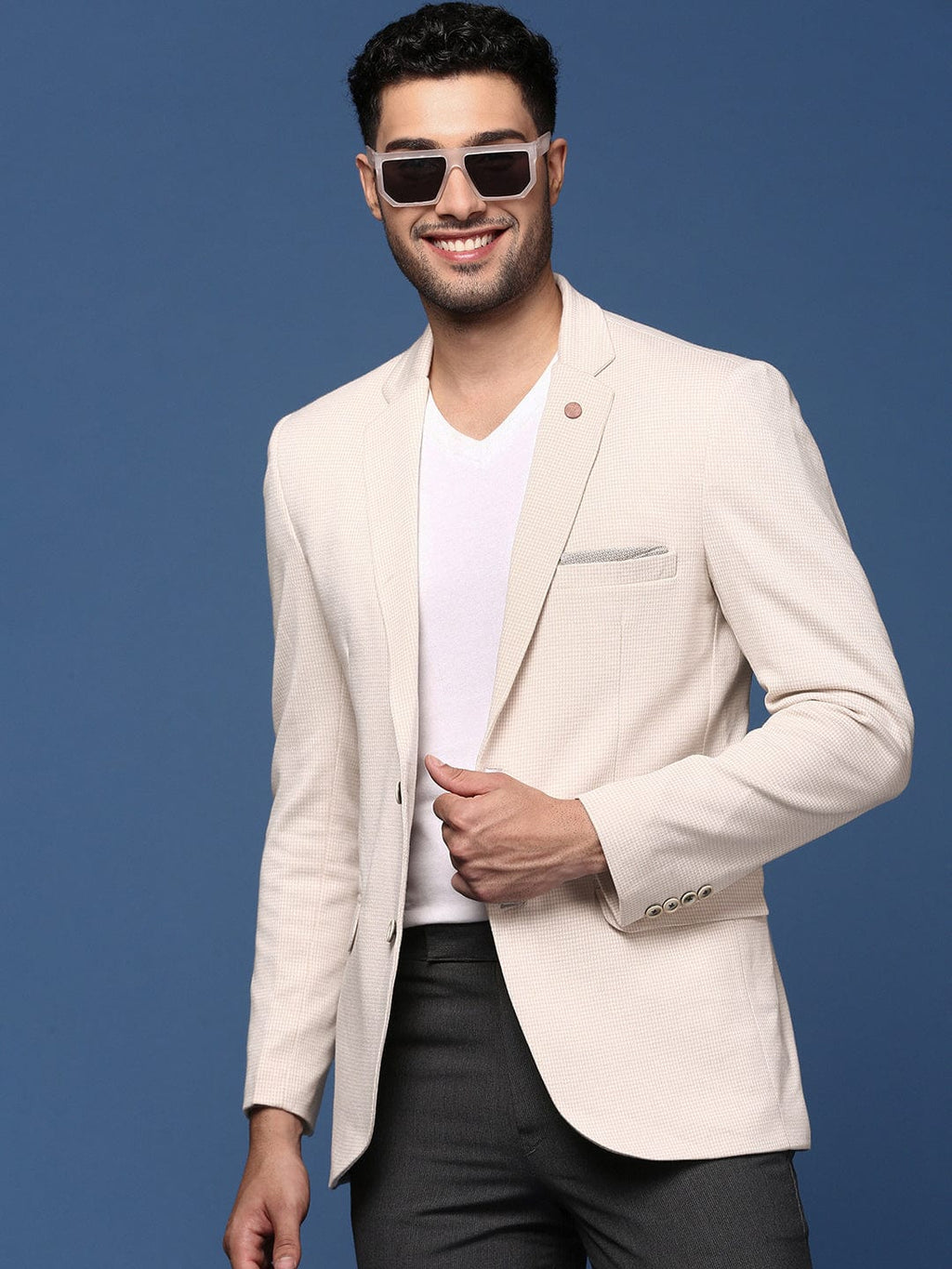 Men's Cream Slim Fit Single Breasted Casual Blazer